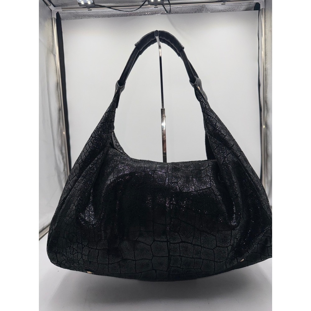 Lola Bernard Vintage Black Croc Embossed Shimmer Leather Hobo Bag Gold Hardware